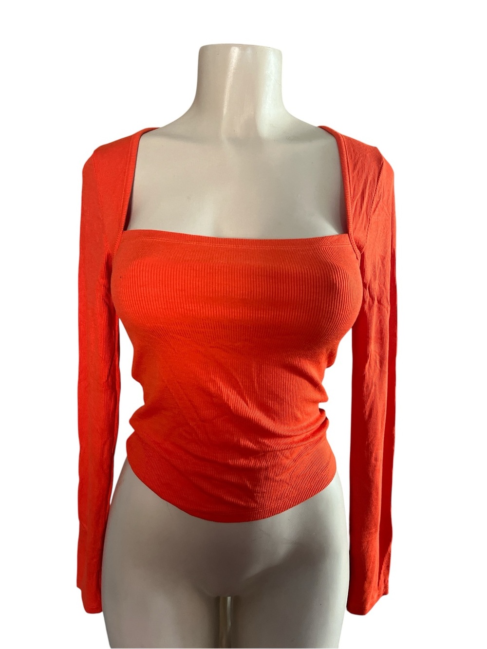 Urban Outfitters Orange Square-Neck Long Sleeve Ribbed Top